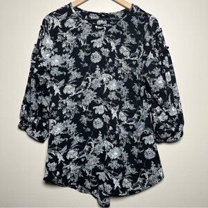 Uniqlo Grameen Women Blouse Large Black Floral Peasant Cottage‎ Prairie Top